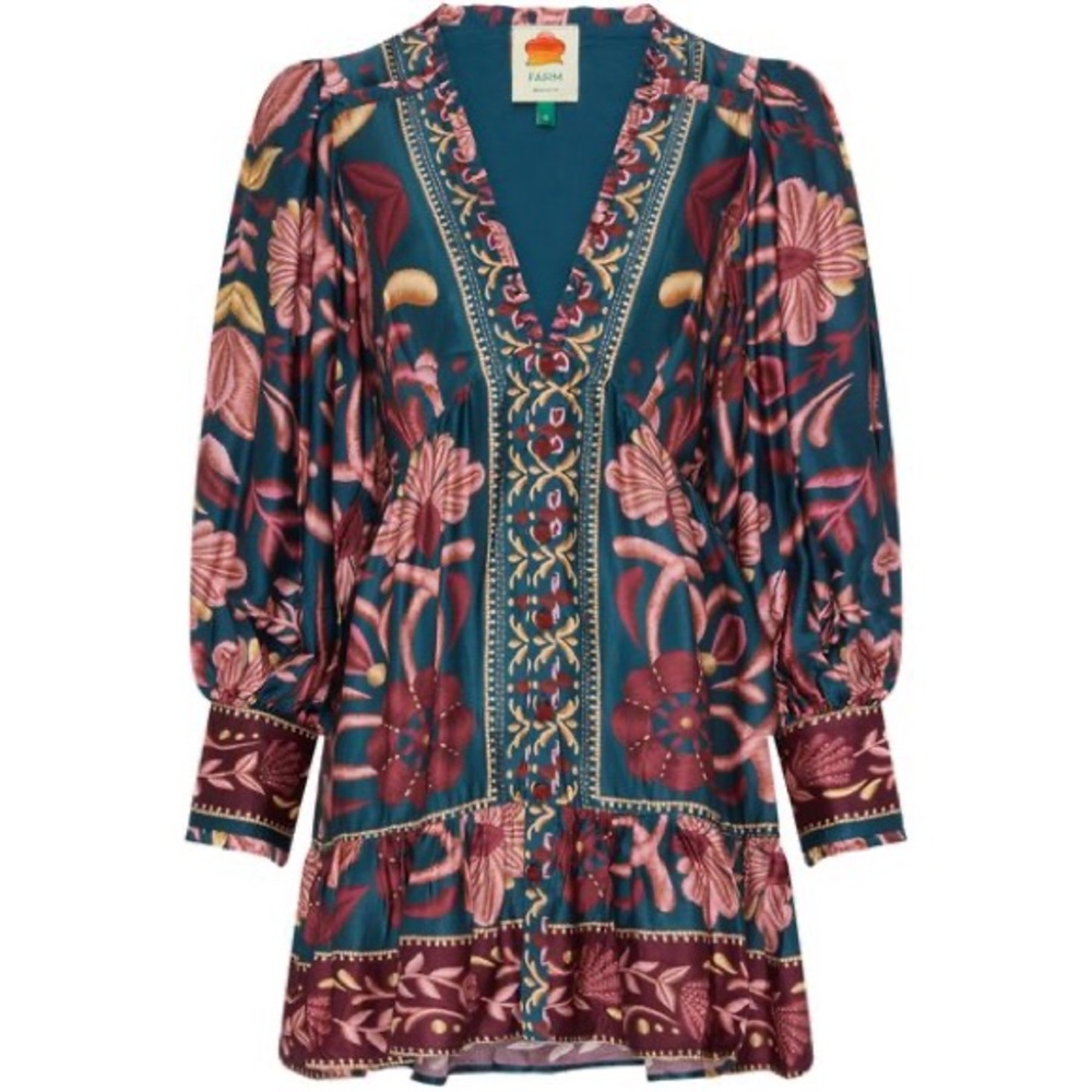 Farm Rio | Seasheel Tapestry Teal mini dress
